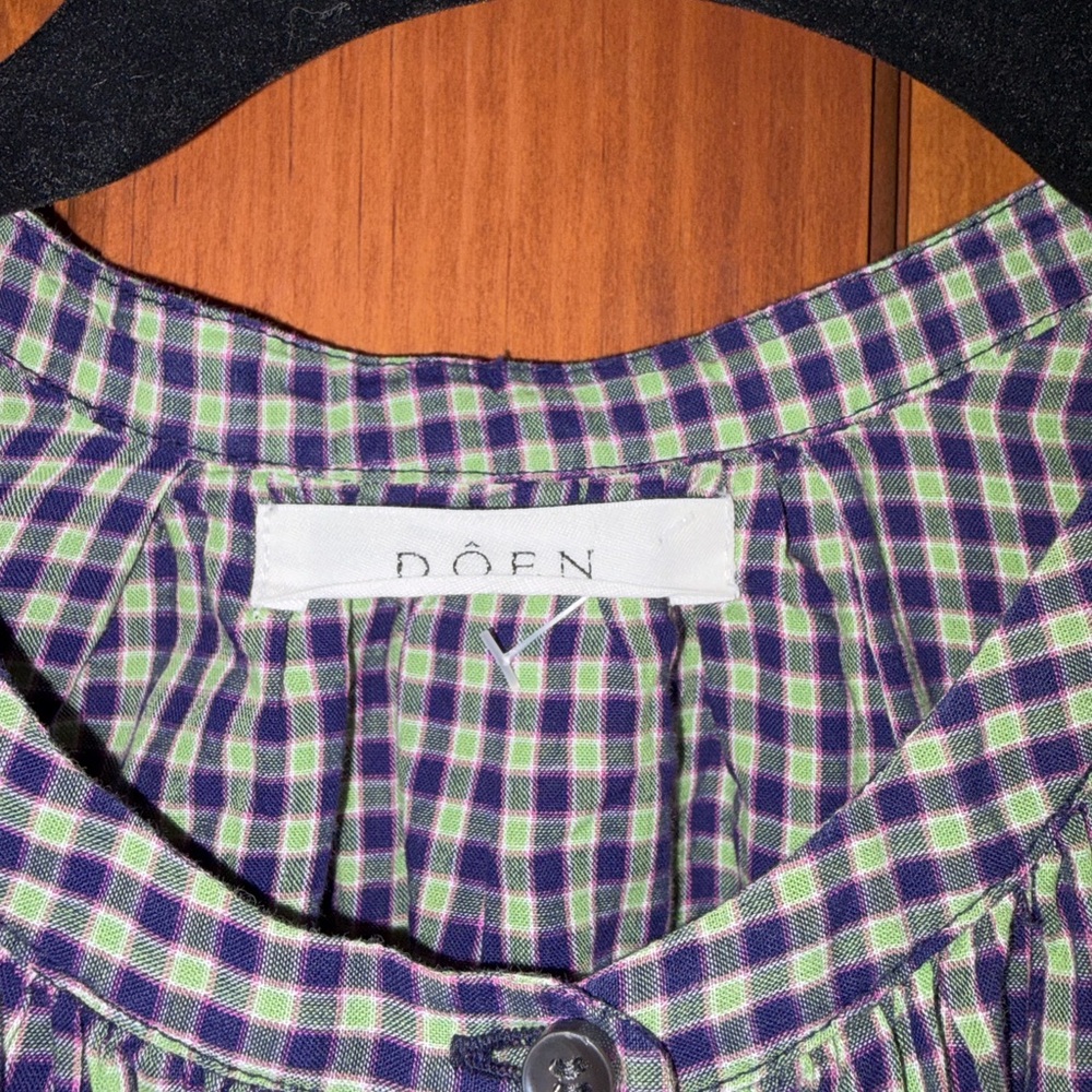 Doen Navy and Green Gingham Button-Front Blouse - Picture 3 of 4